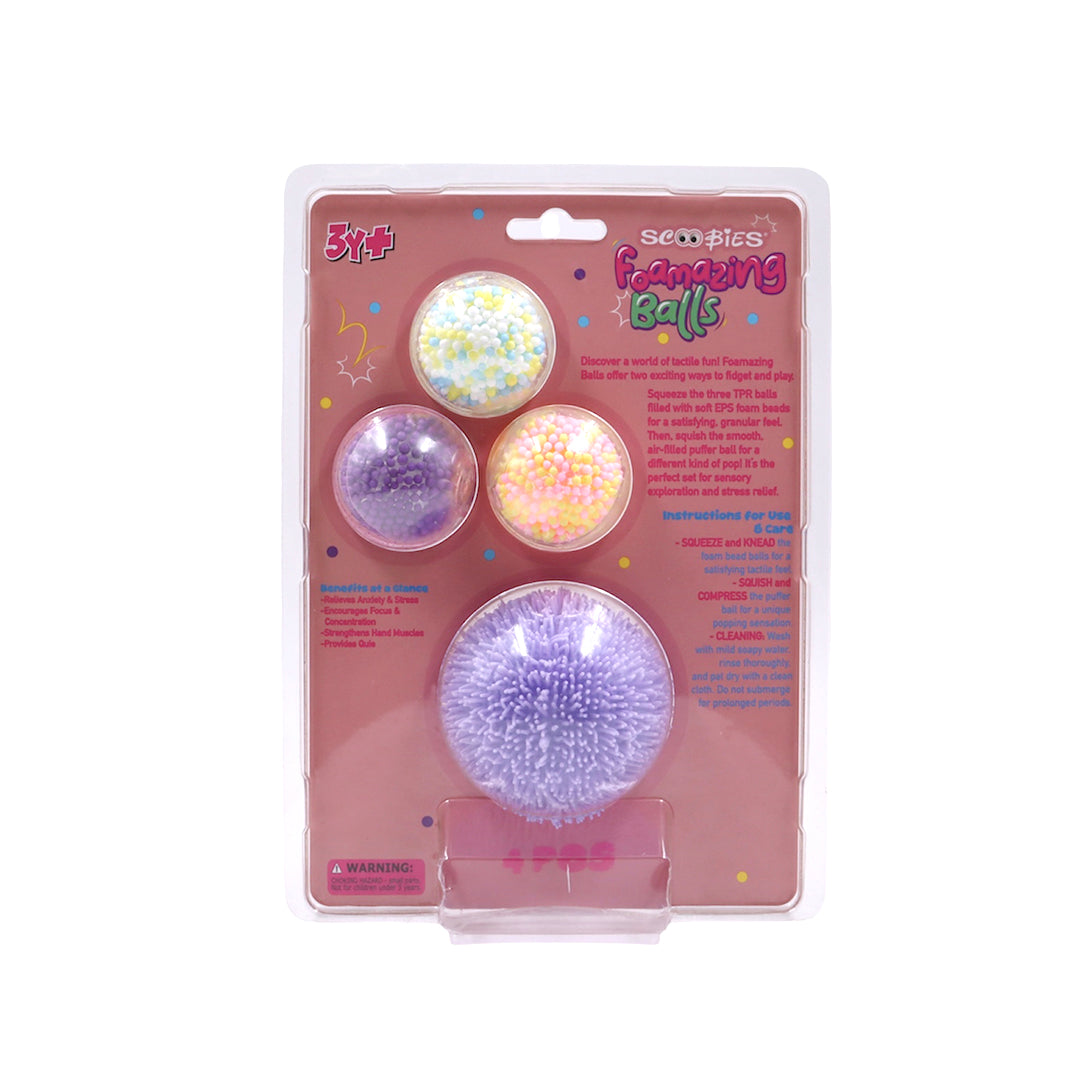 Scoobies Foamazing Balls: Sensory Squishy Balls – Set of 4 (Yellow, Blue, Pink & Purple) Stress Relief & Sensory Play | Fidget, Squeeze & Relieve | Non-Toxic & Safe
