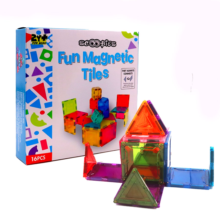 Scoobies Fun Magnetic Tiles 16 Pieces Construction Set Creative Construction Learning Educational STEM Toy Multicolor