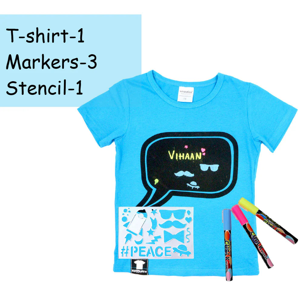 Buy 1 get 1 free Chalk-Le-Tee Tshirt | Blue Speech Bubble Design | With Chalk Markers & Stencil | Reusable | Washable