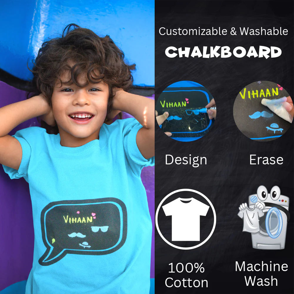 Buy 1 get 1 free Chalk-Le-Tee Tshirt | Blue Speech Bubble Design | With Chalk Markers & Stencil | Reusable | Washable