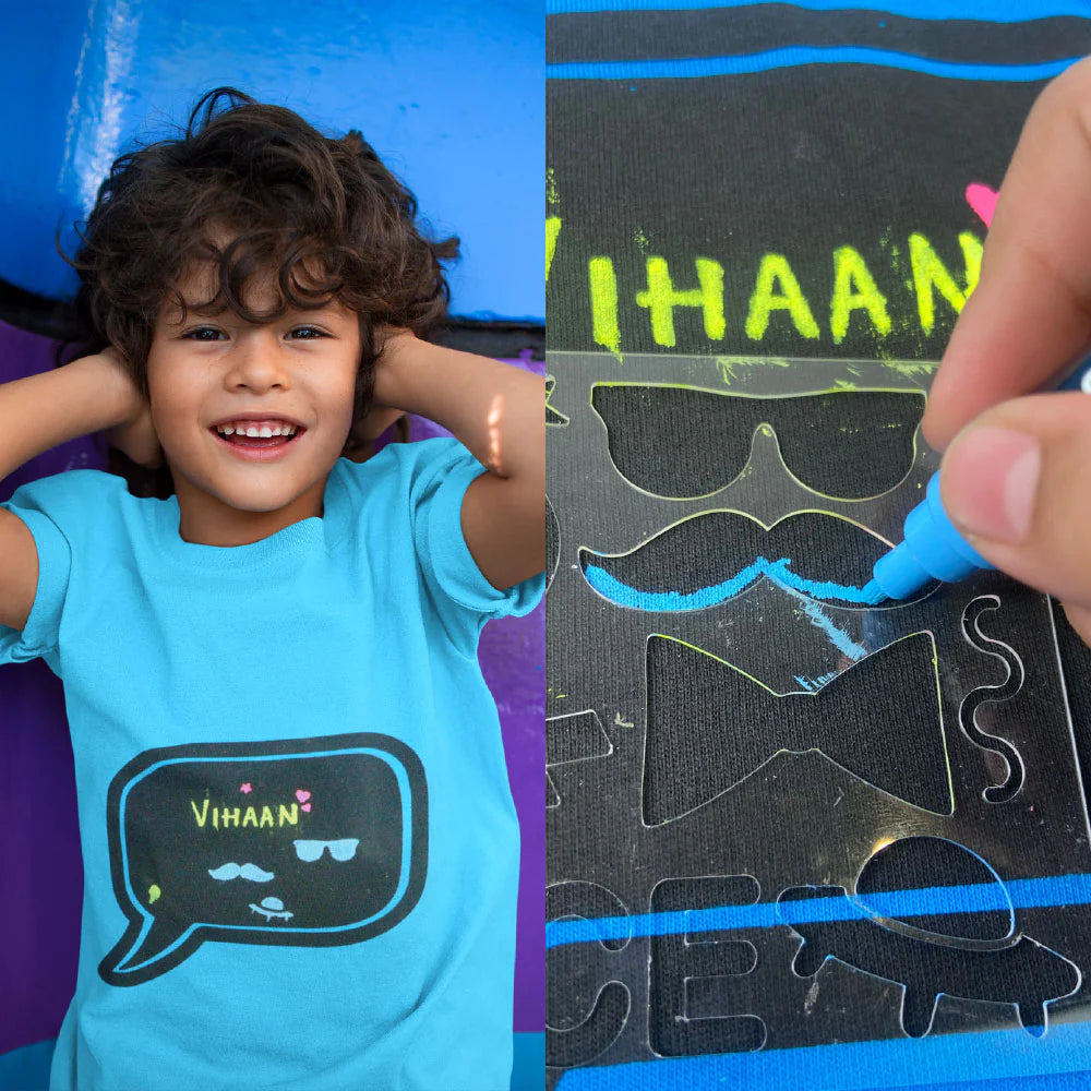 Buy 1 get 1 free Chalk-Le-Tee Tshirt | Blue Speech Bubble Design | With Chalk Markers & Stencil | Reusable | Washable