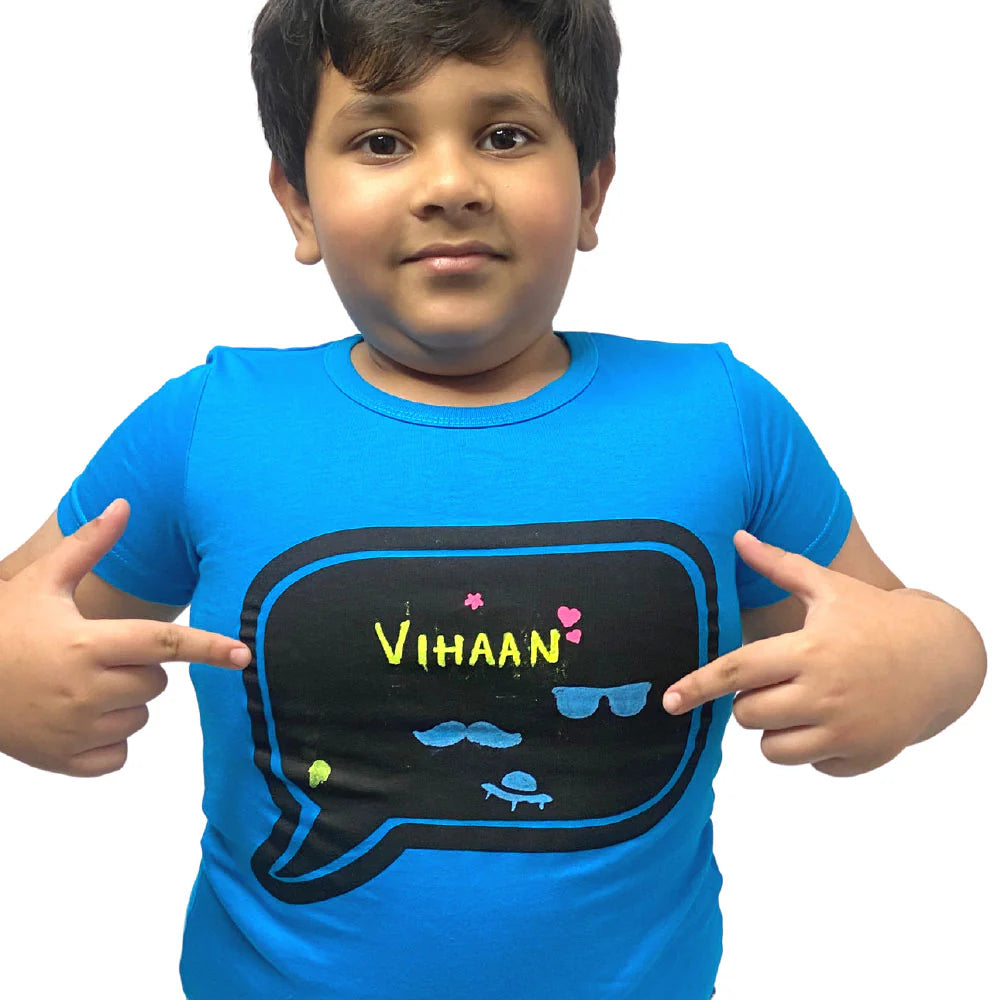 Buy 1 get 1 free Chalk-Le-Tee Tshirt | Blue Speech Bubble Design | With Chalk Markers & Stencil | Reusable | Washable