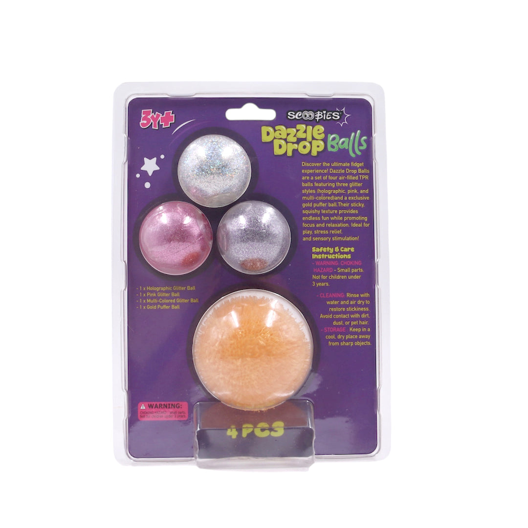 Scoobies Dazzle Drop Balls: 3 Glitter Squishy + 1 Fuzzy Spiky Sensory Ball (Set of 4)| (Holographic, Pink, Silver & Gold) Stress Relief & Sensory Play | Sticky, Squishy & Sparkly Fun for Kids & Adults