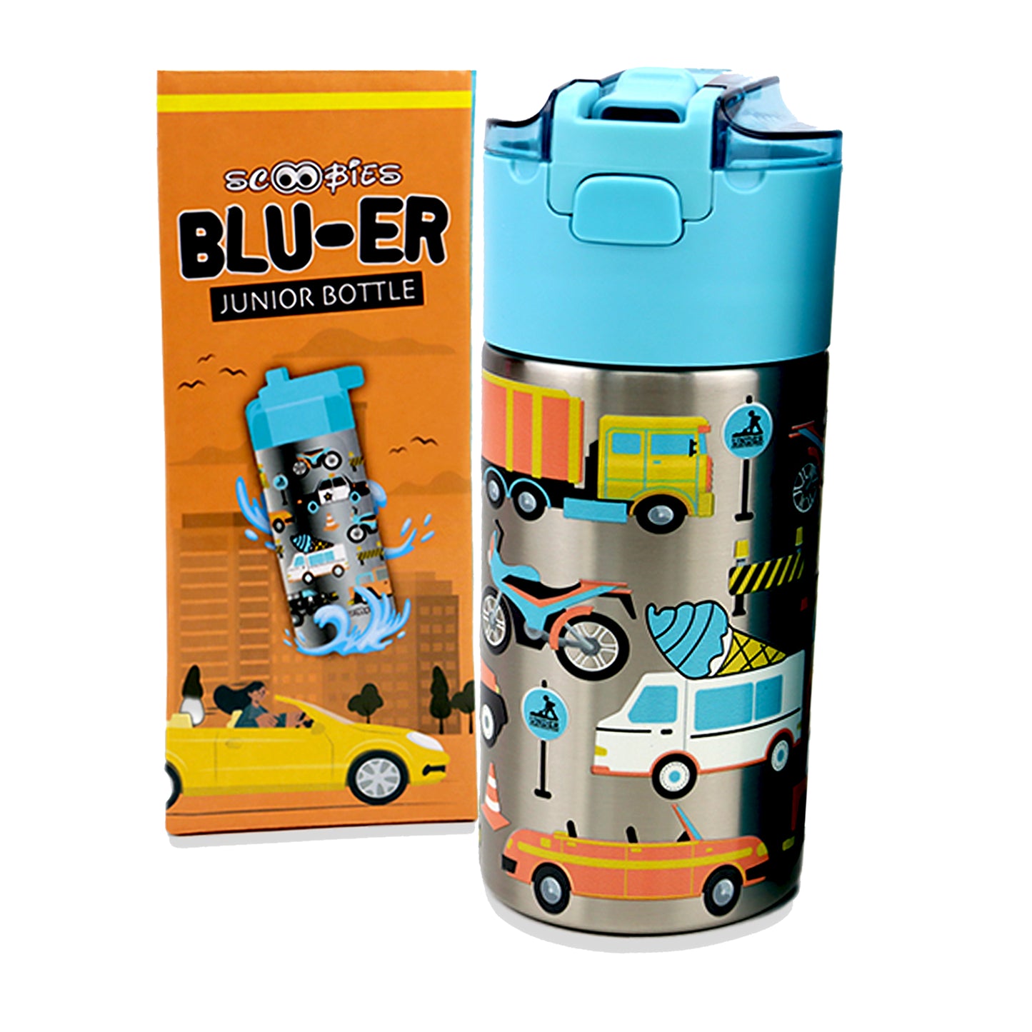 Blu-er Junior Bottle | With Snacks Slot | Quirky Racing Design | Premium Stainless-steel | 350 ML