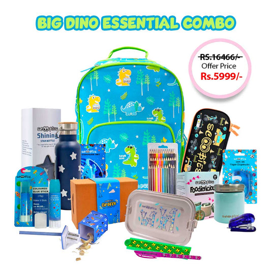 Big Dino Essential Combo  14-in-1 Back-to-School Kit at just ₹5,999| Glow in the Dark Bag, Lunch Box, Stationery & More