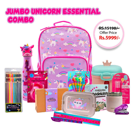 Jumbo Unicorn Essential Combo  12-in-1 Magical School Kit in just ₹5,999 | Glow in the Dark Bag, Unicorn Accessories & Stationery