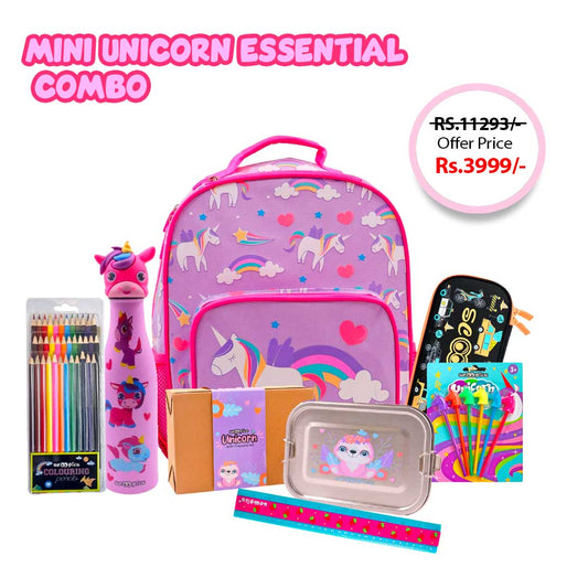 Mini Unicorn Essential Combo  7-in-1 Magical Starter Kit in  just ₹3,999  | Glow in the Dark Bags, Lunch Essentials & Stationery
