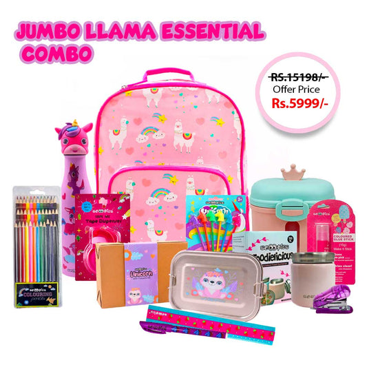 Jumbo Llama Essential Combo 12-in-1 School & Fun Kit at just ₹5,999 | Glow in the Dark Bag, Unicorn Bottle, Stationery & More