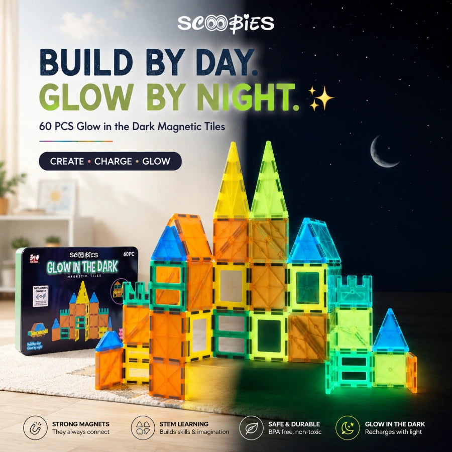 Scoobies Glow in the Dark Magnetic Tiles, 60 PCS Building Set for Kids | Magnetic Construction Toy with Glowing Tiles, Creative STEM Play, Shapes & Structures | Ages 3+