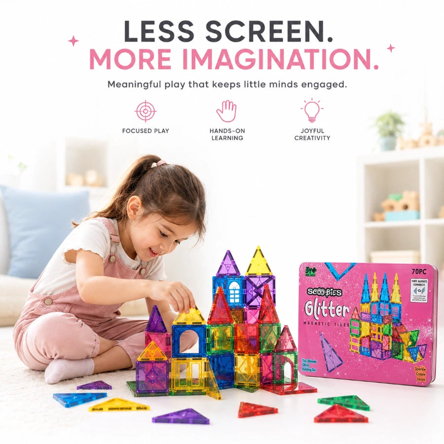 Scoobies Glitter Magnetic Tiles, 70 PCS Building Set for Kids | Colourful Magnetic Construction Toy with Sparkling Tiles, Creative STEM Play & 3D Building Fun | Ages 3+