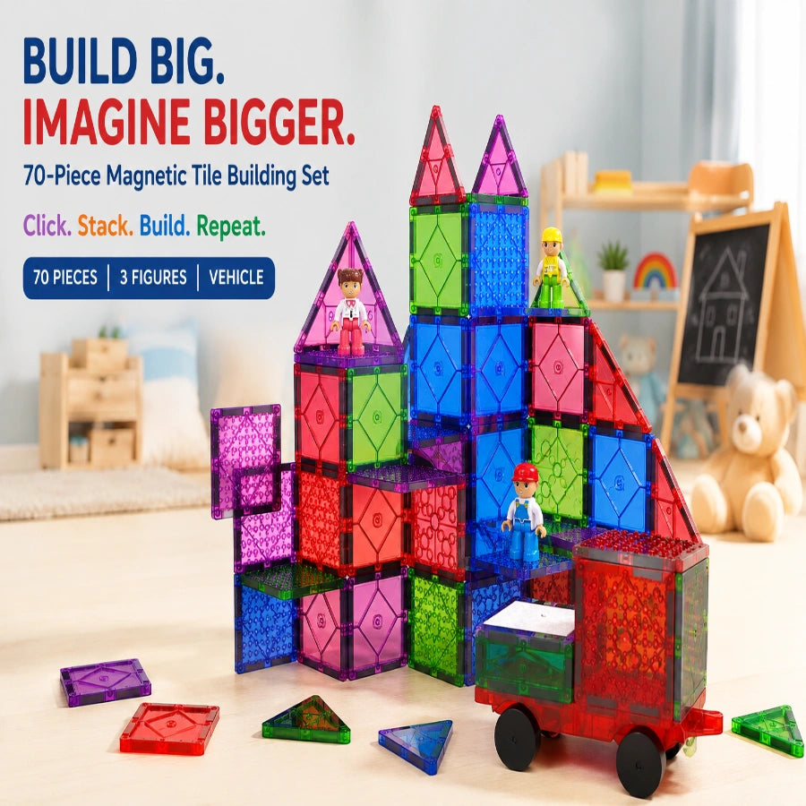 Scoobies Brickable Magnetic Tiles, 70 PCS Building Set for Kids | Magnetic Construction Tiles with Brick-Compatible Surfaces, Figures & Vehicle | STEM Creative Play Toy | Ages 3+