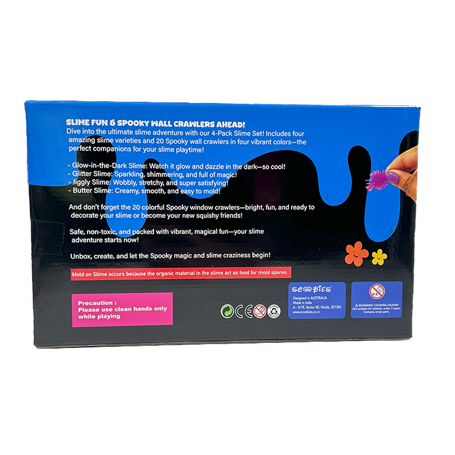 Spacy GooGoo Slime Set (Pack of 4) – Glow, Glitter, Jiggly & Butter Slime with 20 Spooky Wall Crawlers, Sensory Play Toy for Kids (3+ Years)