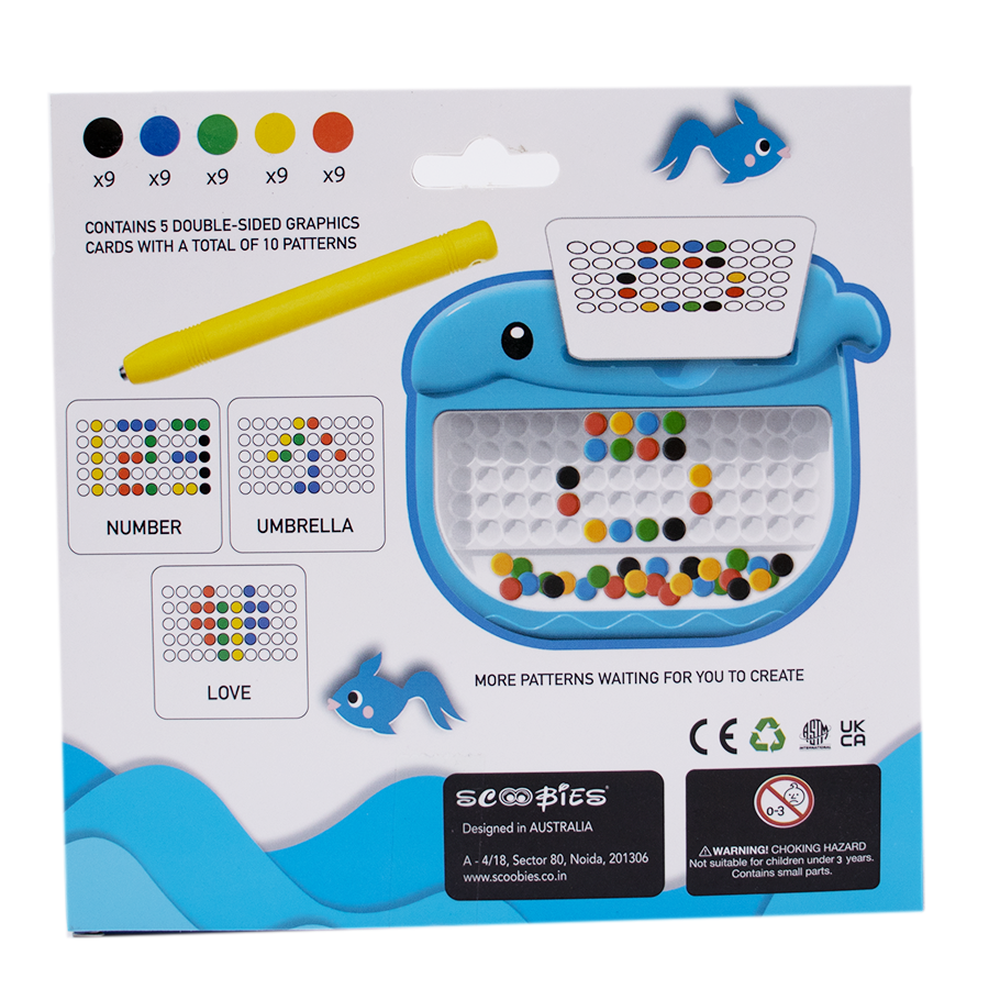Scoo Tiny - Whale Shaped Magnetic Board with 45 Colorful Beads, 10 Pattern Sheets & a Stylus | Montessori Learning Toy for Kids 3+ | Screen-Free Play