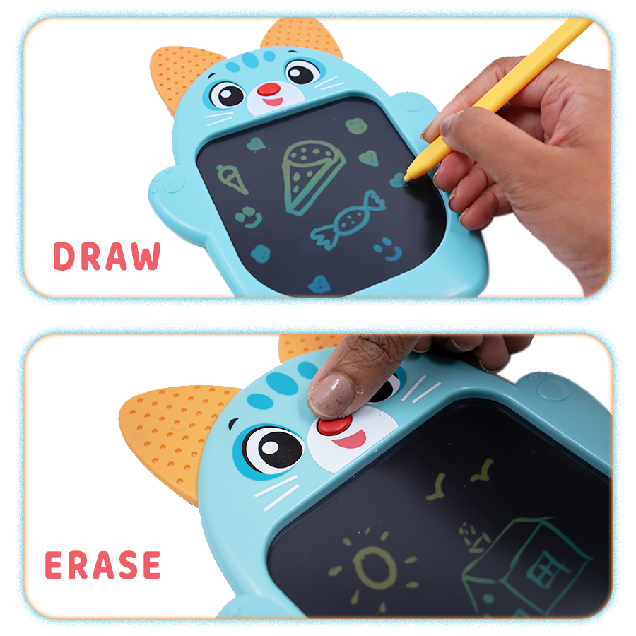 Scoo-Wee Cat Shaped Multi-Color Screen Doodle Pad with One-Click Erase | LCD Drawing Board | Reusable & Eco-Friendly Toy for Kids 3+ | Screen-Free Play