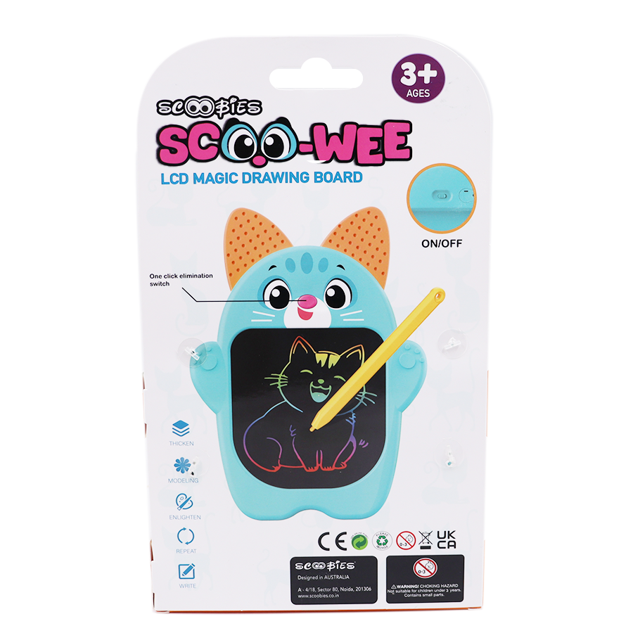 Scoo-Wee Cat Shaped Multi-Color Screen Doodle Pad with One-Click Erase | LCD Drawing Board | Reusable & Eco-Friendly Toy for Kids 3+ | Screen-Free Play