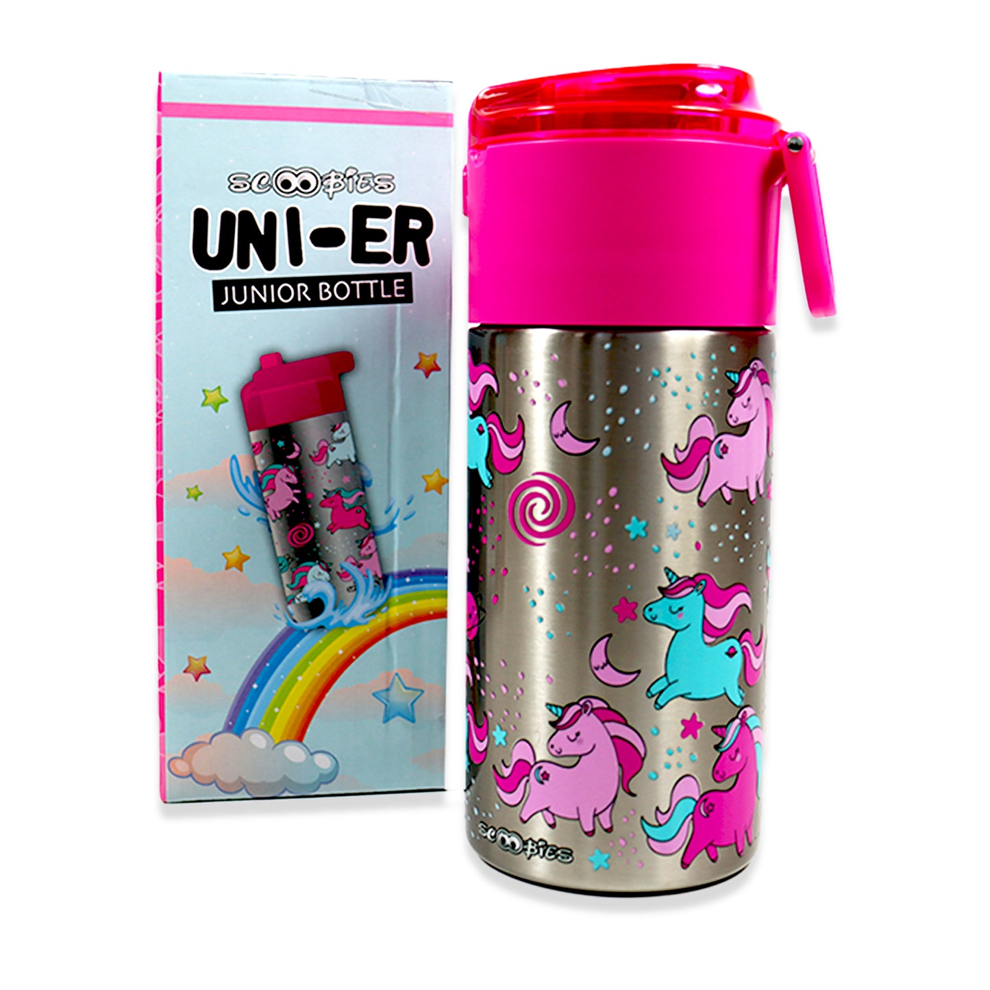 Uni-er Junior Bottle | With Snacks Slot | Dreamy Unicorn Design | Premium Stainless-steel | 350 ML
