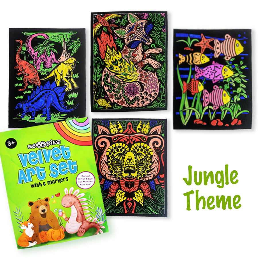 Velvet Art Book | Jungle Theme | Set of 4 Velvet Cards | With 6 Fibre Pens | A4 Poster Size | Embossed 3D Craft