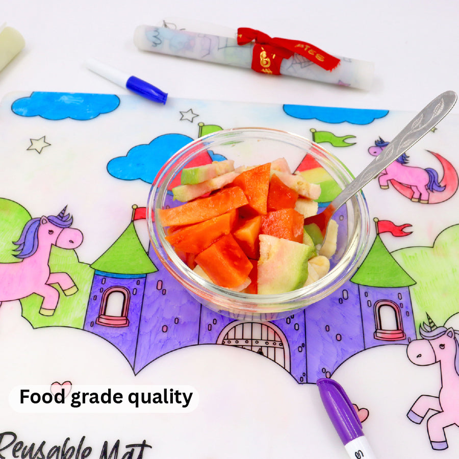 Silicone Doodle Mat - Long & Prolong (Unicorn Theme) | BPA-Free Silicone Prime Quality | Food Grade Quality | Washable & Reusable | Dine N Mess-Free Placemat | Your DIY Travel Buddy