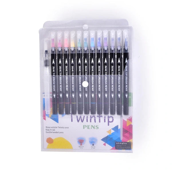 Twintip Pens | With Paintbrush | 12 Assorted Colours | Water Soluble | Skin-Friendly | Artist Joy Kit