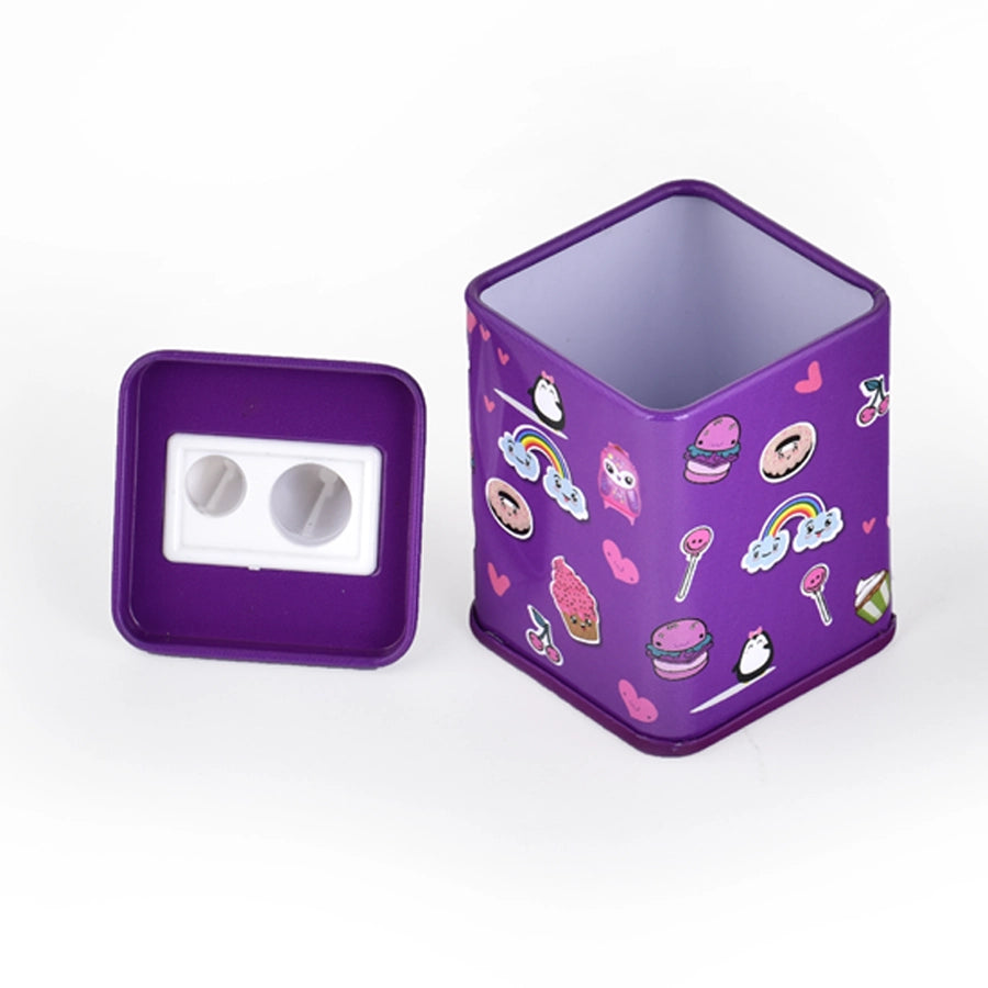 Sweet Tin Sharpener | With receptacle | Handheld Manual Dual Hole | Cutilicious Purple Long Point Design