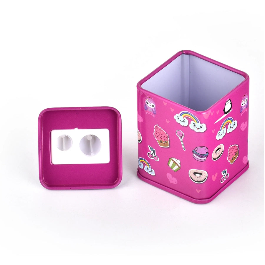 Cute Tin Sharpener | With receptacle | Handheld Manual Dual Hole | Lightweight & Sturdy | Cutilicious Purple Long Point Design