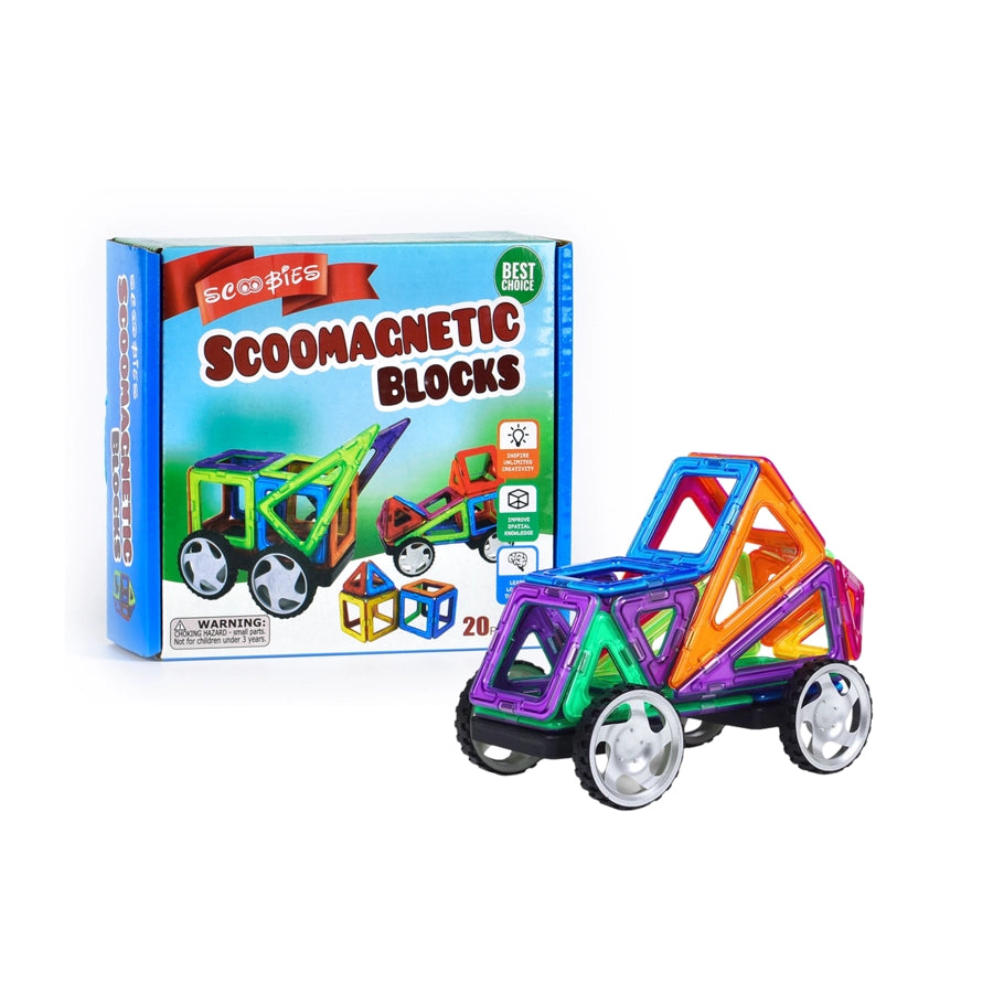 Scoo Magnetic Blocks | | 3D Educational DIY Construction Set | 20 Piece Set | With 2 Wheel Carts | STEM Learning Kit