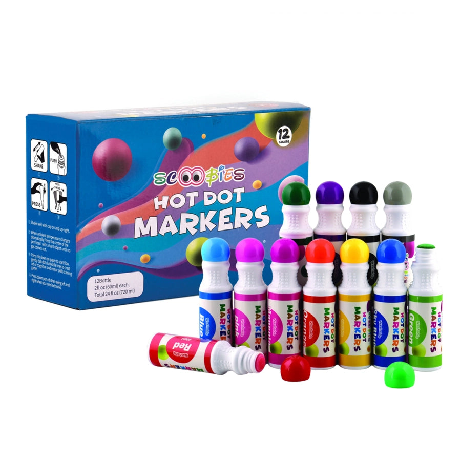 Hot Dot Markers | 12 Vibrant Colours | Washable Round Tip | Mess-Free Craft | Skin Friendly | With Downloadable Sketch Book