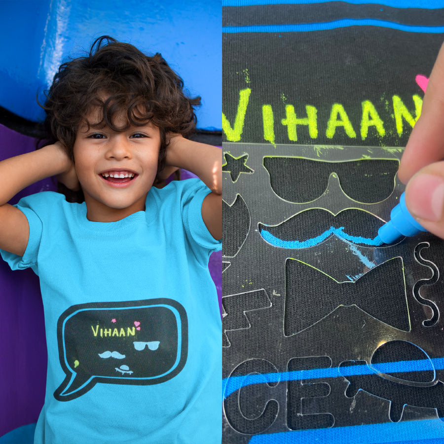 Chalk-Le-Tee Tshirt | Blue Speech Bubble Design | With Chalk Markers & Stencil | Reusable | Washable