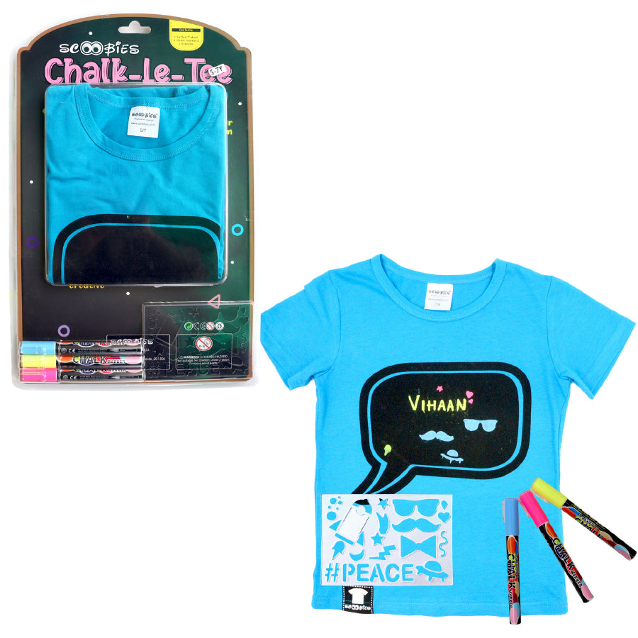 Chalk-Le-Tee Tshirt | Blue Speech Bubble Design | With Chalk Markers & Stencil | Reusable | Washable 3 to 5 Years