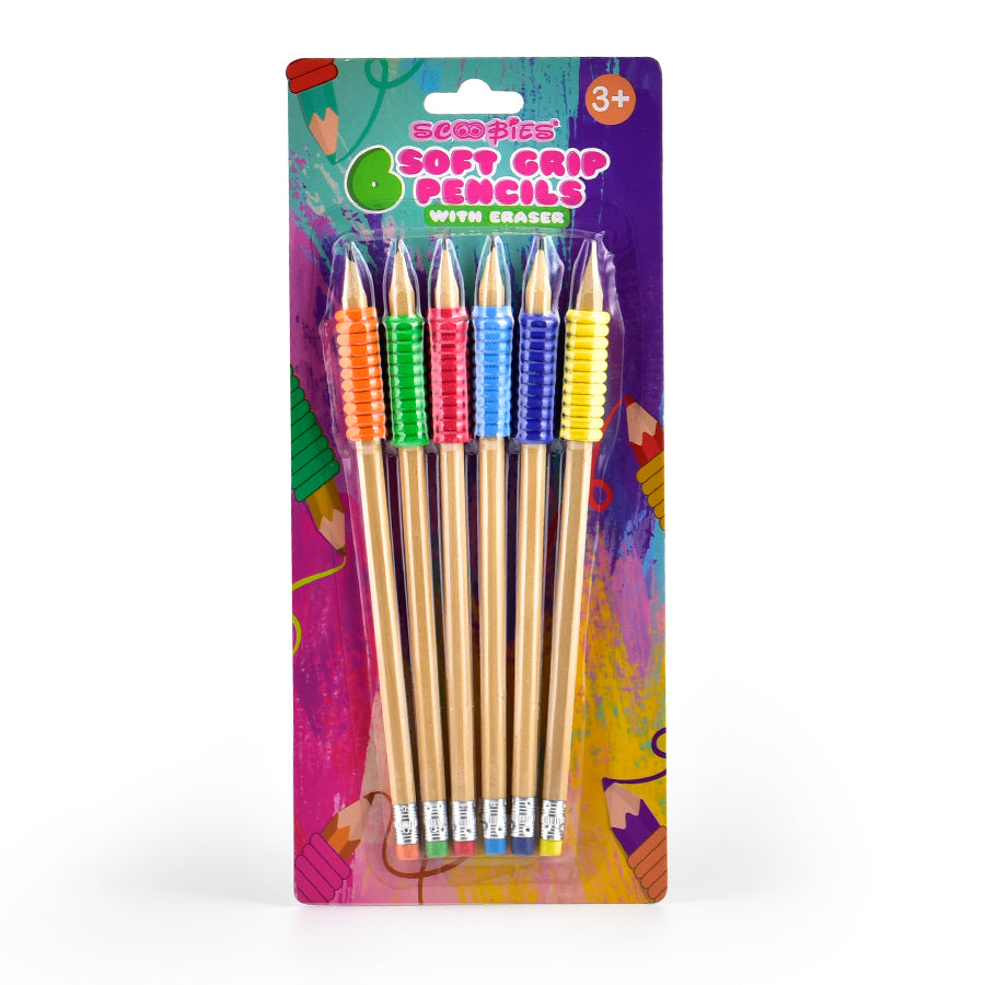 Soft Grip Pencils | Pack of 6 | With Multicolour Removable Grippers | Eraser Top | Ergonomic Extra-Dark Graphite Grip
