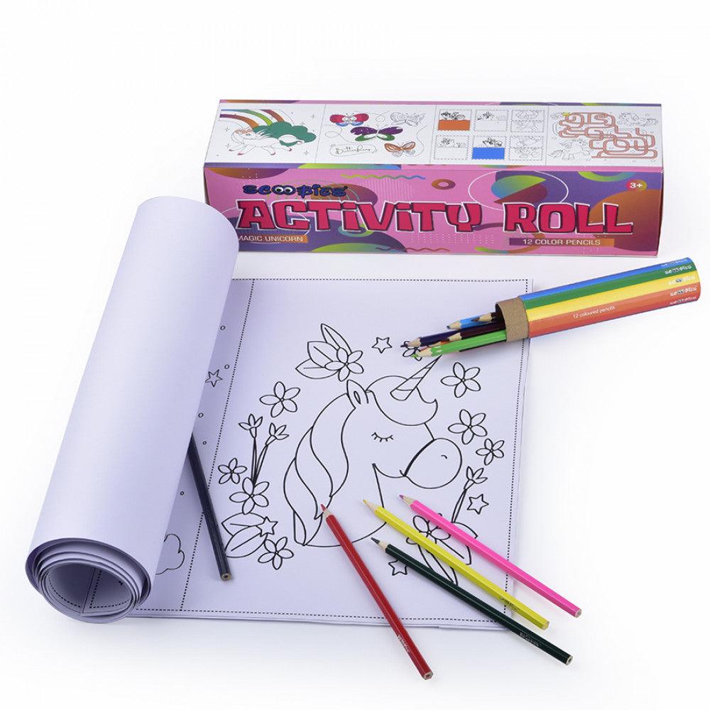Activity Roll - Pinkee | Include 12 Coloured Pencils | 6 Feet Long | 9 Unicorn & Butterfly Sketches - Scoobies