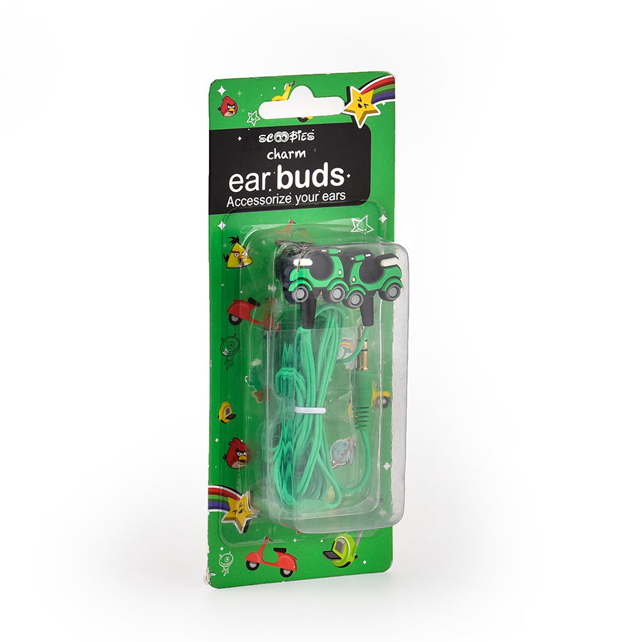 Scooter Charm Earbuds | Ear Wired Earphones | Frisky Green Scooter Design | 3.5 mm Jack | Tangle Free Cable