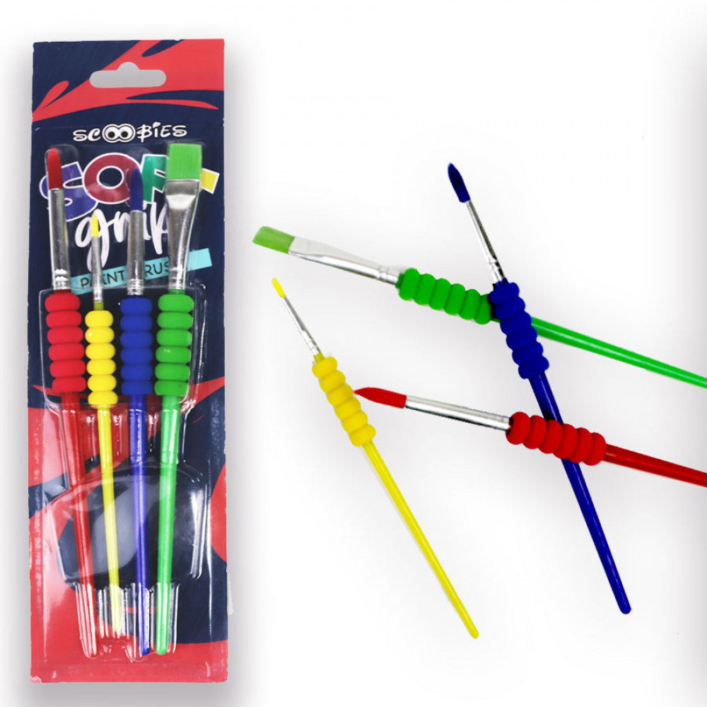Soft Grip Paint Brush | Set of 4 (Multicolour) | With Removable Grippers | Flat Brush with Fluted Handle | Artist Tools