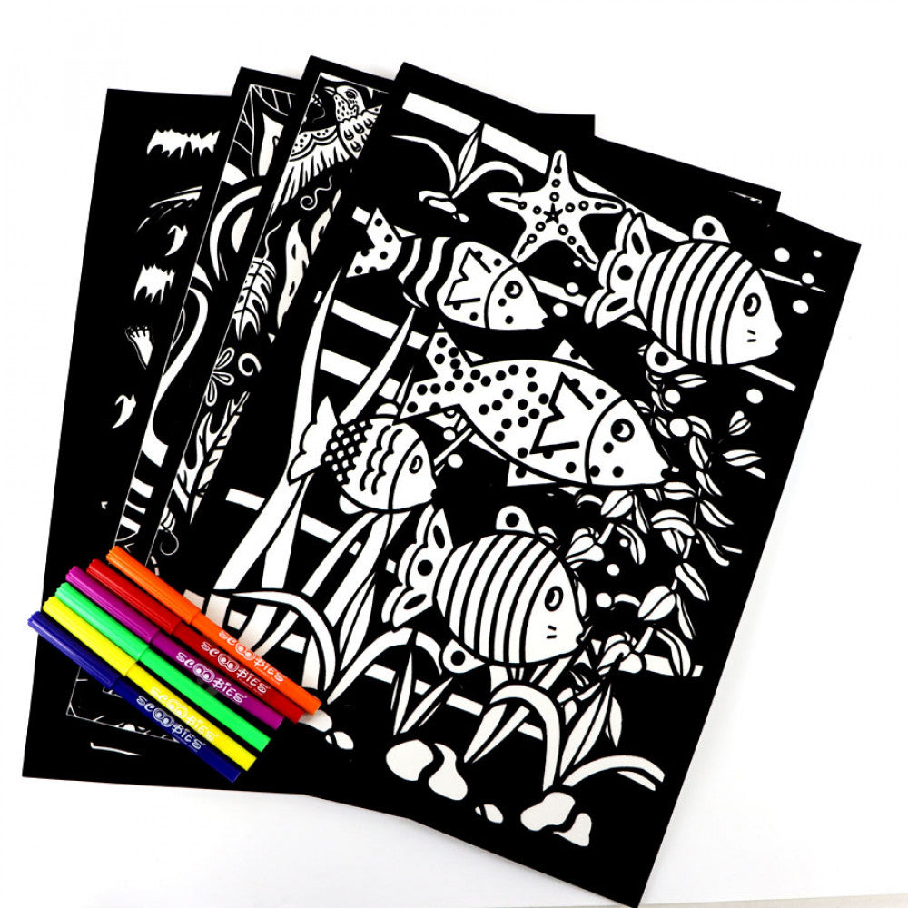 Velvet Art Book | Jungle Theme  | Set of 4 Velvet Cards | With 6 Fibre Pens  |     A4 Poster Size | Embossed 3D Craft