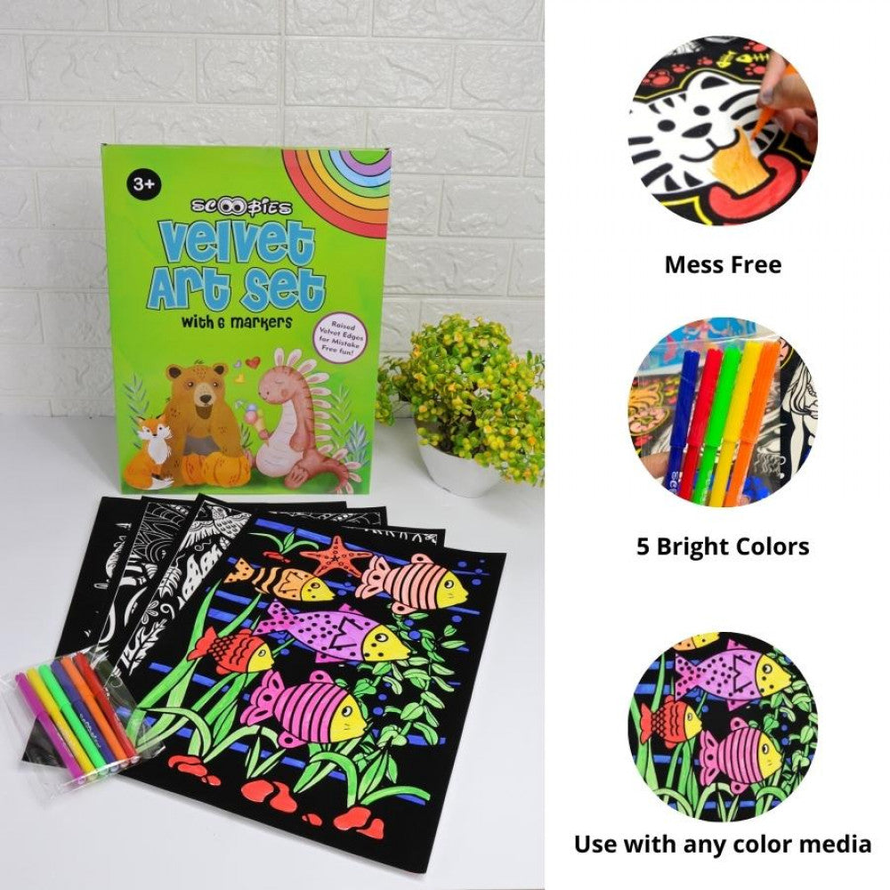 Velvet Art Book | Jungle Theme  | Set of 4 Velvet Cards | With 6 Fibre Pens  |     A4 Poster Size | Embossed 3D Craft