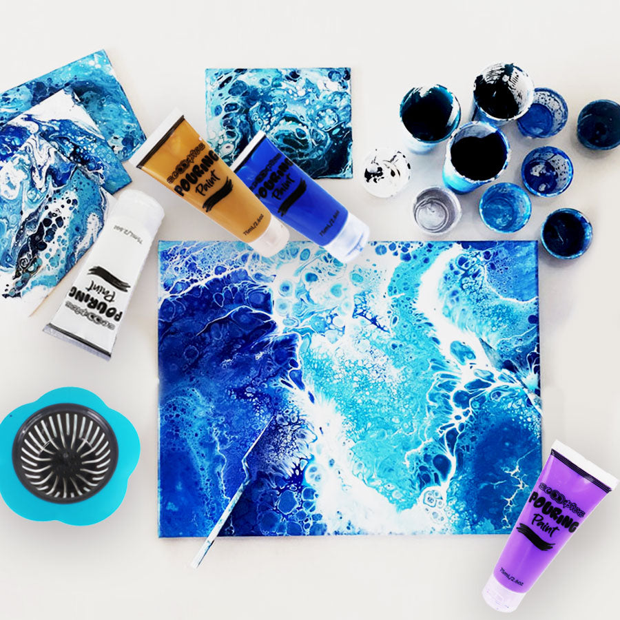 Pouring Paint  | 4 Acrylic Colours  | With Canvas  | Multi-Surface Compatible  | Fluid Art Essentials  | Ready to Use Kit   | Artist DIY Box