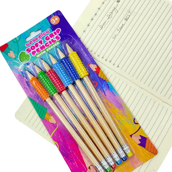 Soft Grip Pencils  |   Pack of 6 |   With Multicolour Removable Grippers |  Eraser Top   |  Ergonomic Extra-Dark Graphite Grip