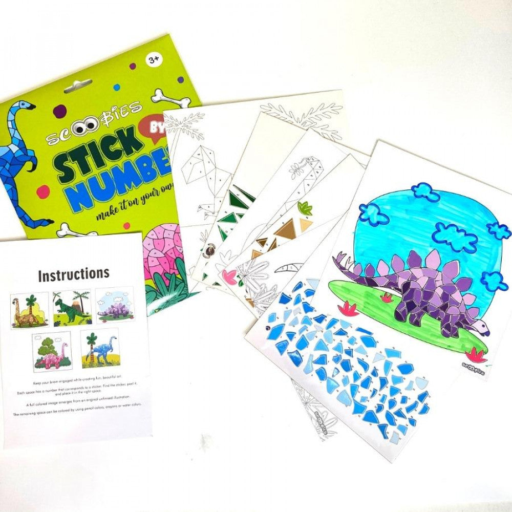 Stick by Number | Dinosaur Design | 300+ Repositionable Stickers | Stick and Color Activity | Educational Puzzle Game