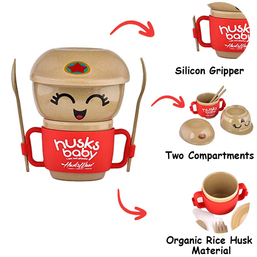 Toddler Set - Mini Husk   |  With Child-safe Silicone Grip and Spoon & Folk  |    Eco-Friendly Rice Husk Biodegradable Quality