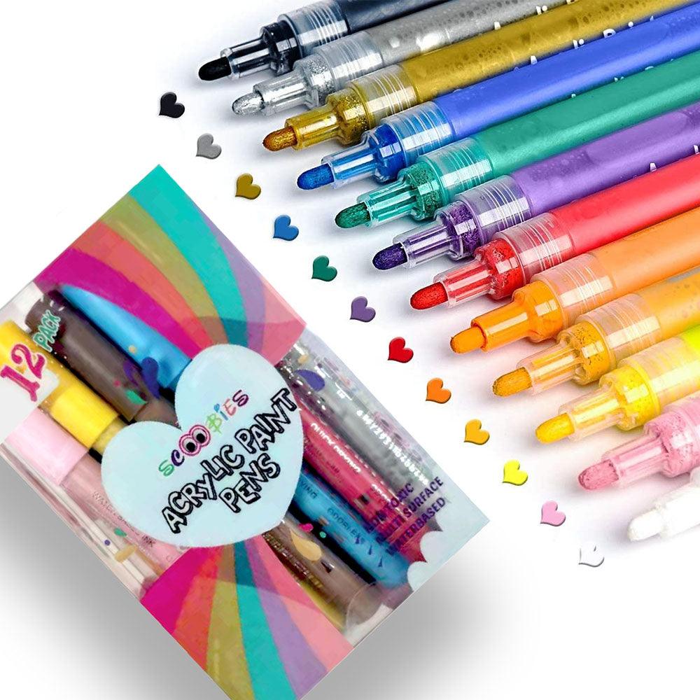 Acrylic Paint Pens | Extra Fine Chisel Tip | 12 Vibrant Shades | Multiple Surface Compatible | DIY Joy Set - Scoobies