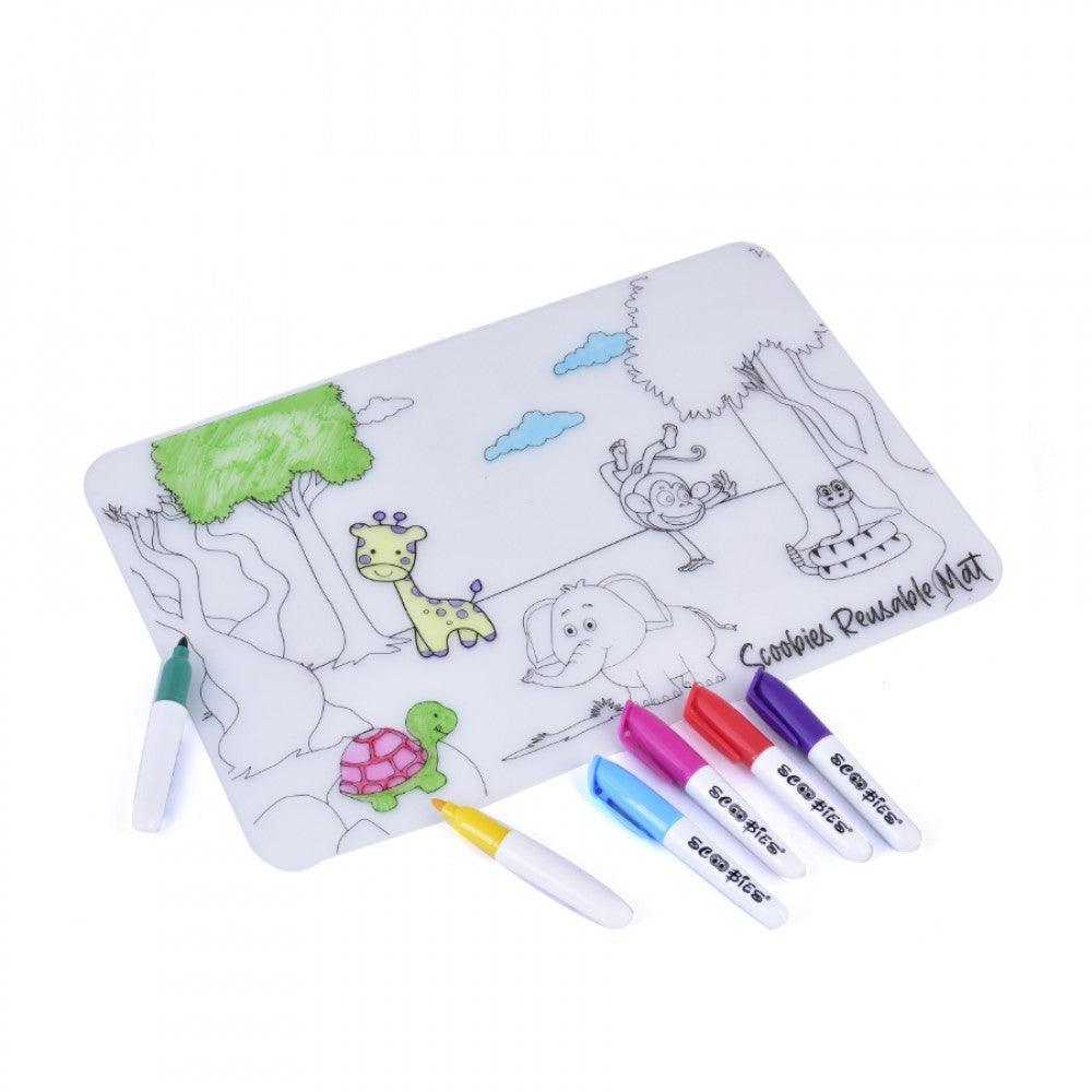 Doodle Mat (Animal Design) | Travel-Friendly | BPA Free Prime Silicone Quality | Dine N Mess-Free Placemat | With 6 Dry-Erase & Washable Markers | Kids Activity Kit - Scoobies