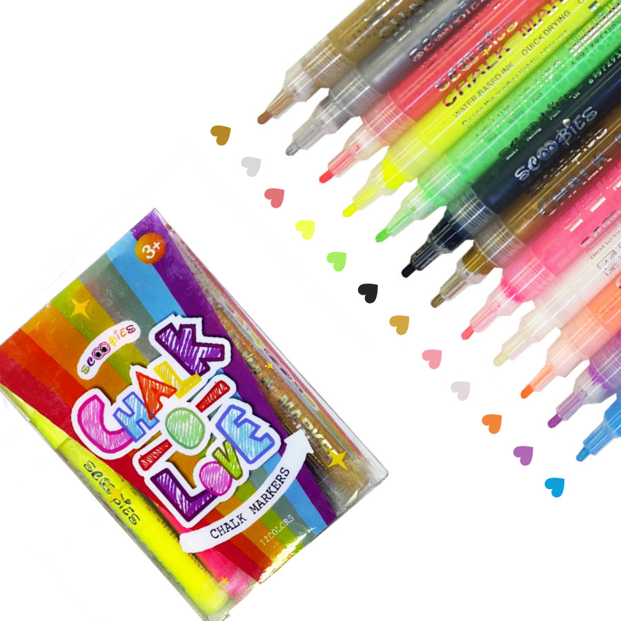 Chalk O Love Liquid Marker | With Matt Look | Pack of 12 Assorted Colours | Multi-Surface Compatible