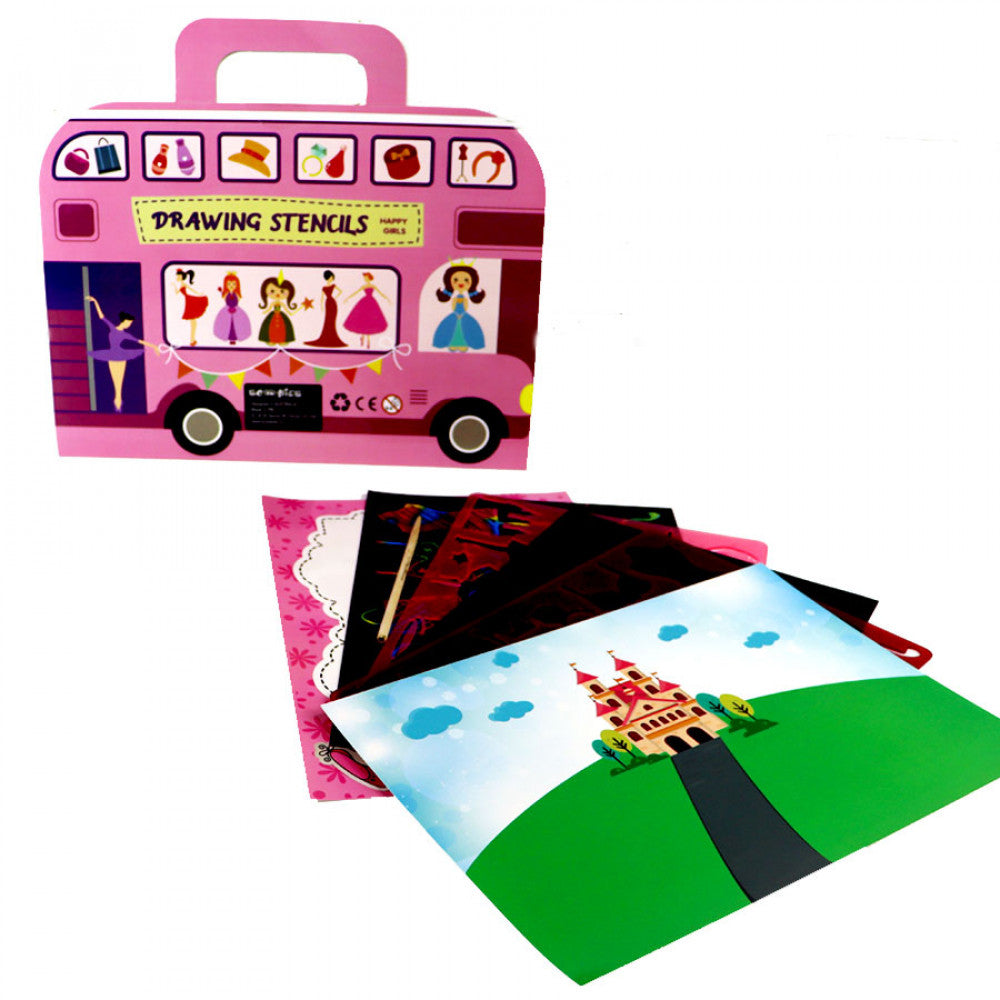 Drawing Stencils (Happy Girls) | Fairy Palace Theme | With Wooden Stylus | Scratch & Stencil Set | Stencil Colour Activity | DIY for Kids