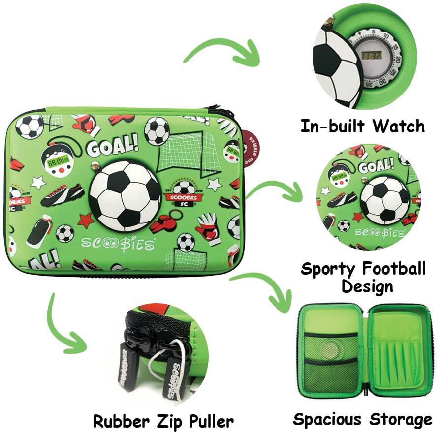 Footie In Scoobies Time Pencil Case  |  In-built Watch  |  Sporty Green Design - Scoobies