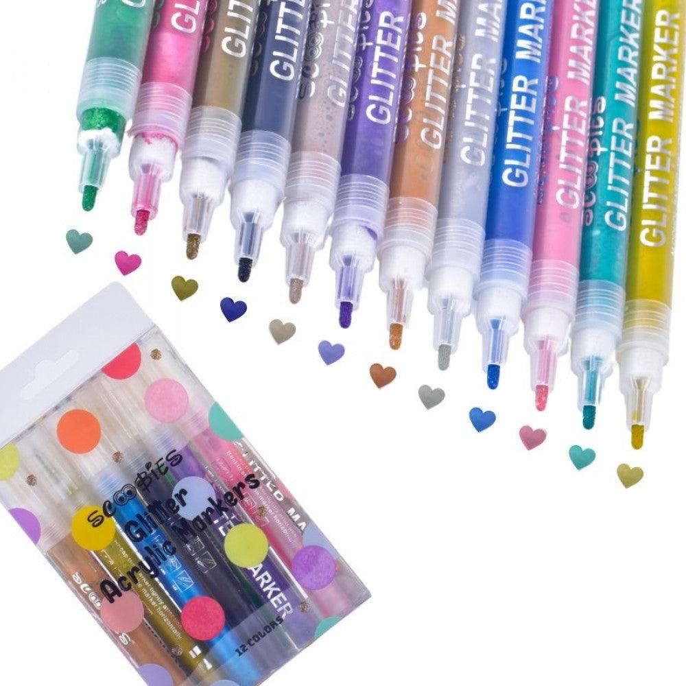 Glitter Acrylic Markers | Pack of 12 Shades | Smooth Dual-Tip Permanent Markers | Multi-Surface Compatible | Shimmery Glossy Finish | Mess-Free Craft - Scoobies