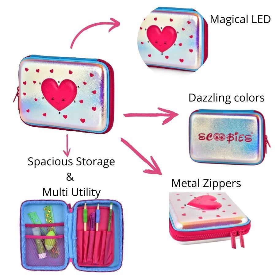 Heart Love Pencil Case | With LED Light| Multi-purpose Pouch | Shimmering Colours - Scoobies