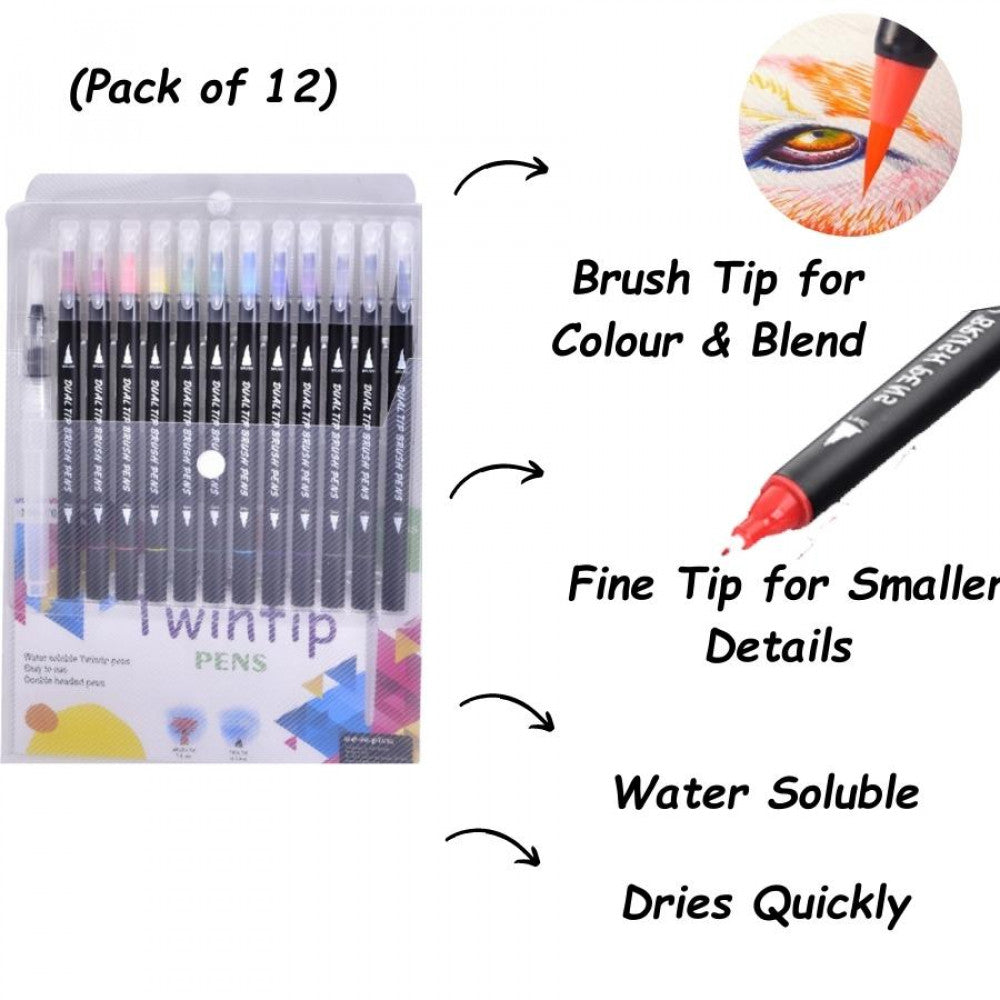 Twintip Pens | With Paintbrush |  12 Assorted Colours | Water Soluble  | Skin-Friendly | Artist Joy Kit