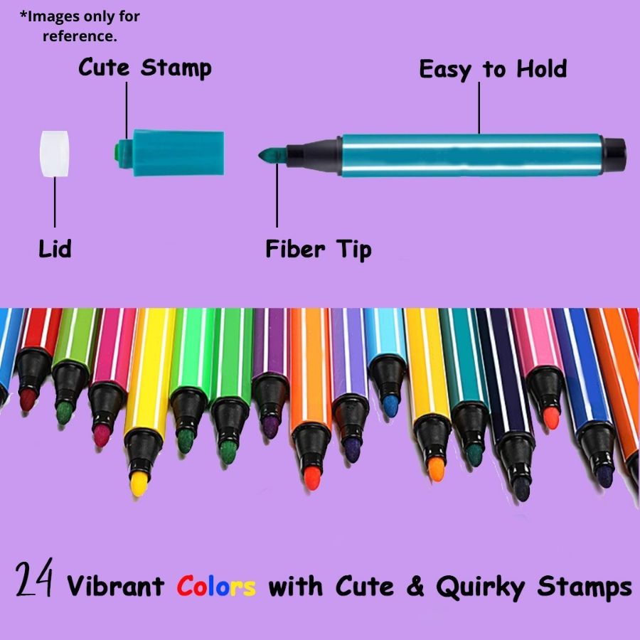 Tri Marker Stamper Pens | 24 Pens Set | Water Soluble |  Skin-Friendly  |  Cutesy Stamps |  Ergonomic Grip