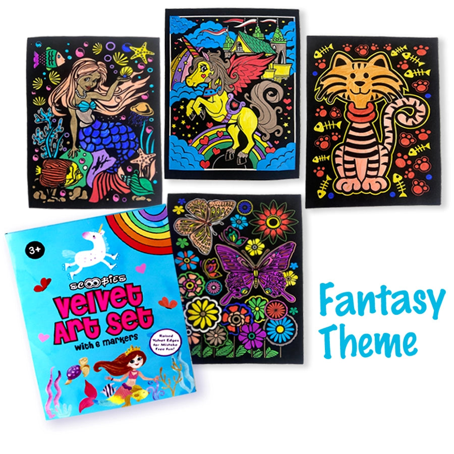 Velvet Art Book | Fantasy Theme | Set of 4 Velvet Cards | With 6 Fibre Pens | A4 Poster Size | Embossed 3D Craft