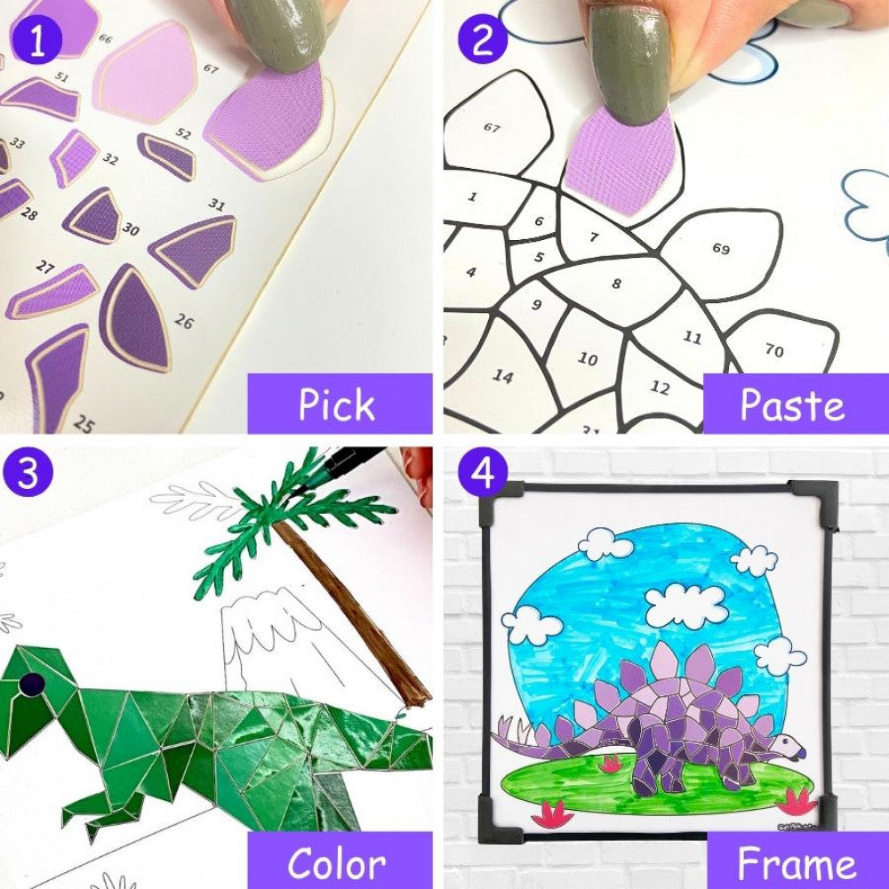 Stick by Number | Dinosaur Design | 300+ Repositionable Stickers | Stick & Colour Activity | Educational Puzzle Game